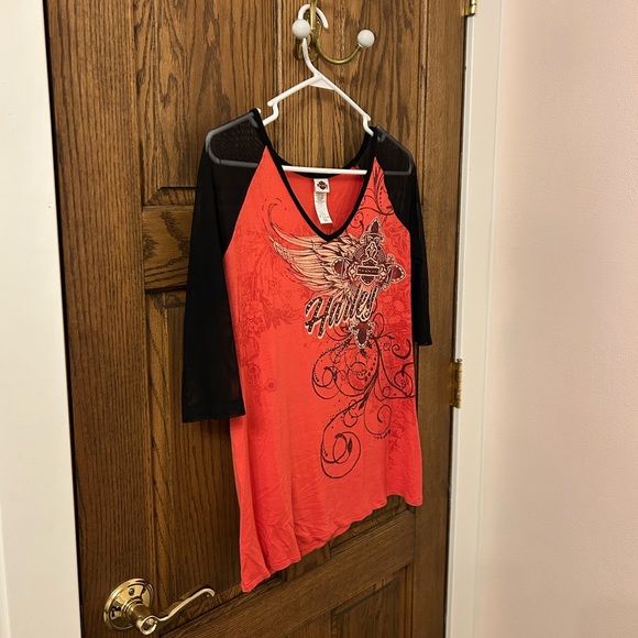 Harley-Davidson El Paso Red and Black Mesh Bejeweled Quarter Sleeve Top Large - Picture 2 of 8
